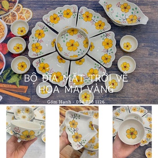 Bộ đĩa hoa mặt Bát tràng trời vẽ mai vàng siêu đẹp - Bát đĩa gốm sứ bày thức ăn