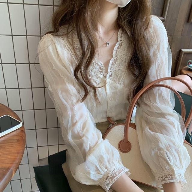 Áo Sơ Mi Voan Cổ Chữ V Phong Cách Vintage Thời Trang Mùa Thu Dành Cho Nữ