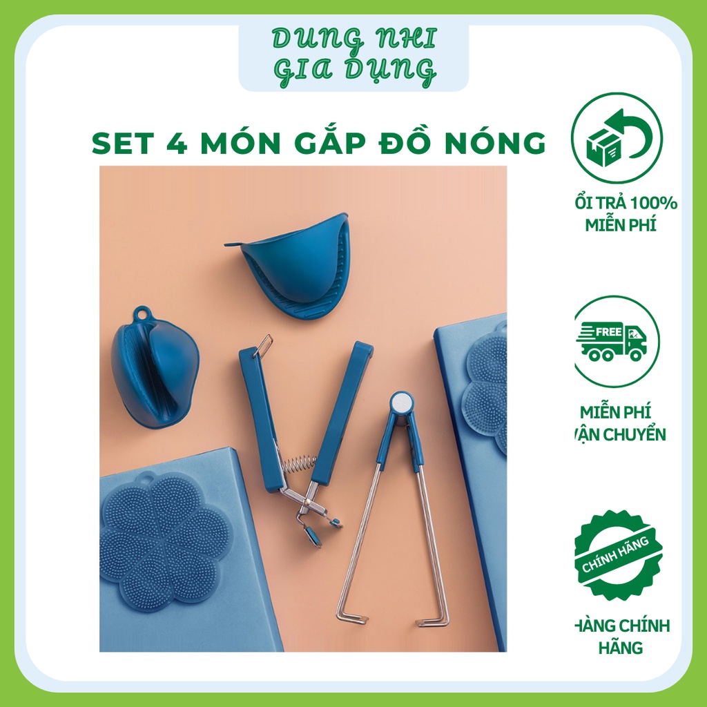 Kẹp gắp thức ăn set 4 chi tiết tiện dụng gắp đồ nóng chống bỏng da tay đa năng tiện dụng với chất liệu inox và silicon