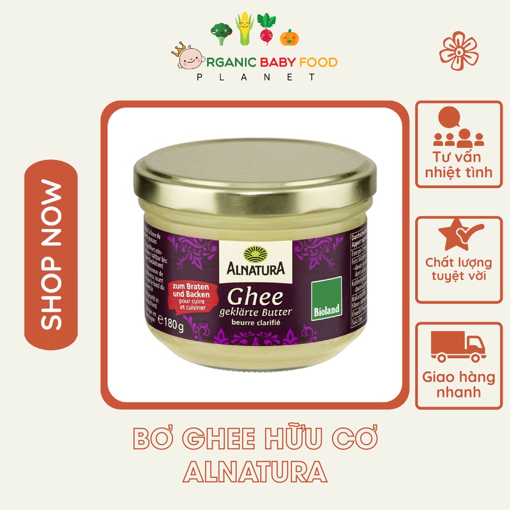 Bơ ghee hữu cơ Alnatura 100% sữa bò tươi bổ sung đạm và lợi khuẩn cho hệ tiêu hóa của bé 180gr