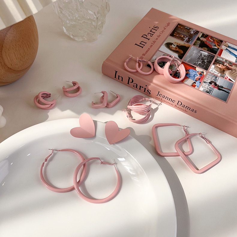 Bông Tai Hình Học Màu Hồng Phong Cách Hàn Quốc Thời Trang Sang Trọng Cho Nữ