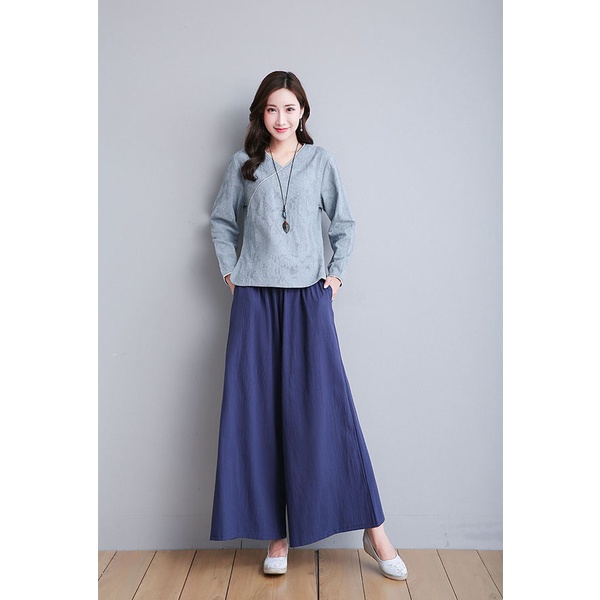 Trang phục đồ lam lễ chùa cao cấp, tập thiền & yoga, khí công cổ chéo cách tân đũi cotton Thiền Chay (Xanh)