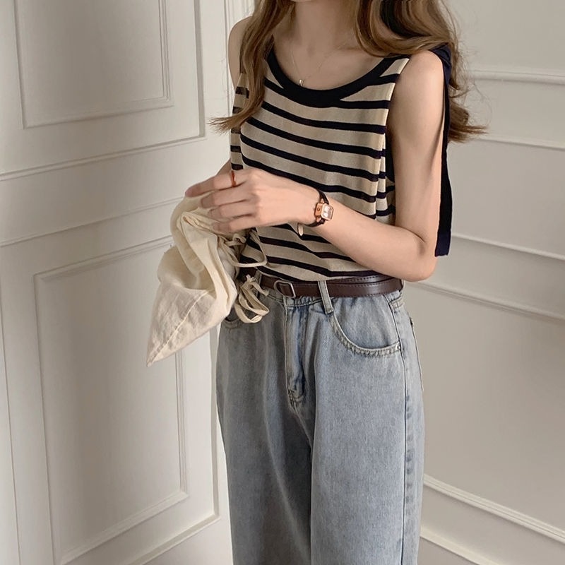Áo Thun Dệt Kim Sát Nách Kẻ Sọc Thời Trang Mùa Hè Cho Nữ