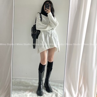 Áo len trăngs cổ V -Váy nhung xếp li