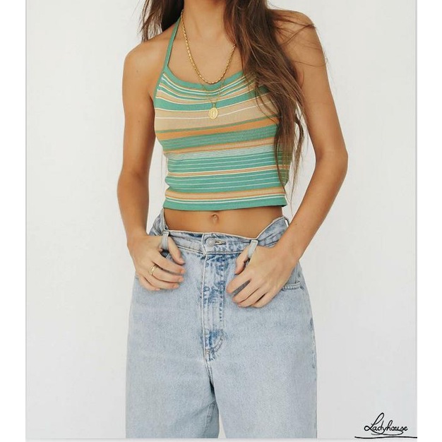 Bộ Trang Phục 2 Mảnh Gồm Áo Croptop Hai Dây Và Chân Váy Maxi Họa Tiết Kẻ Sọc Gợi Cảm Cho Nữ