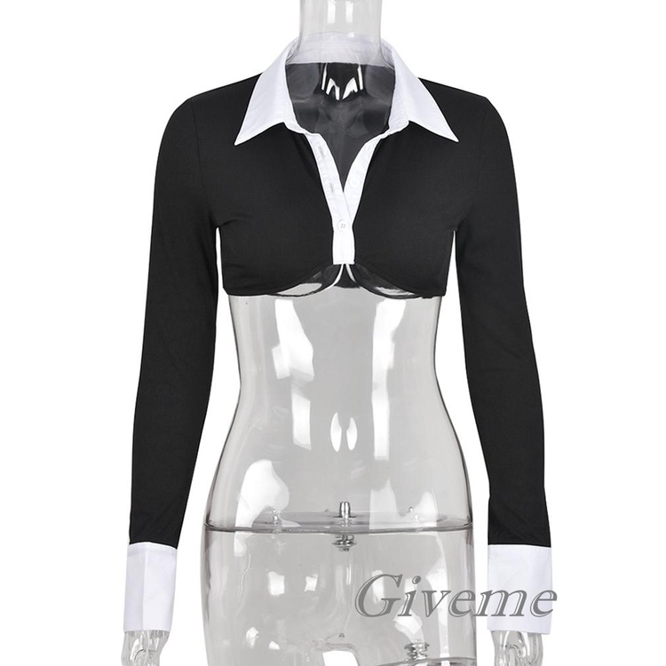 Áo Sơ Mi Croptop Tay Dài Cổ Bẻ Dáng Ôm Màu Tương Phản Thời Trang Cho Nữ