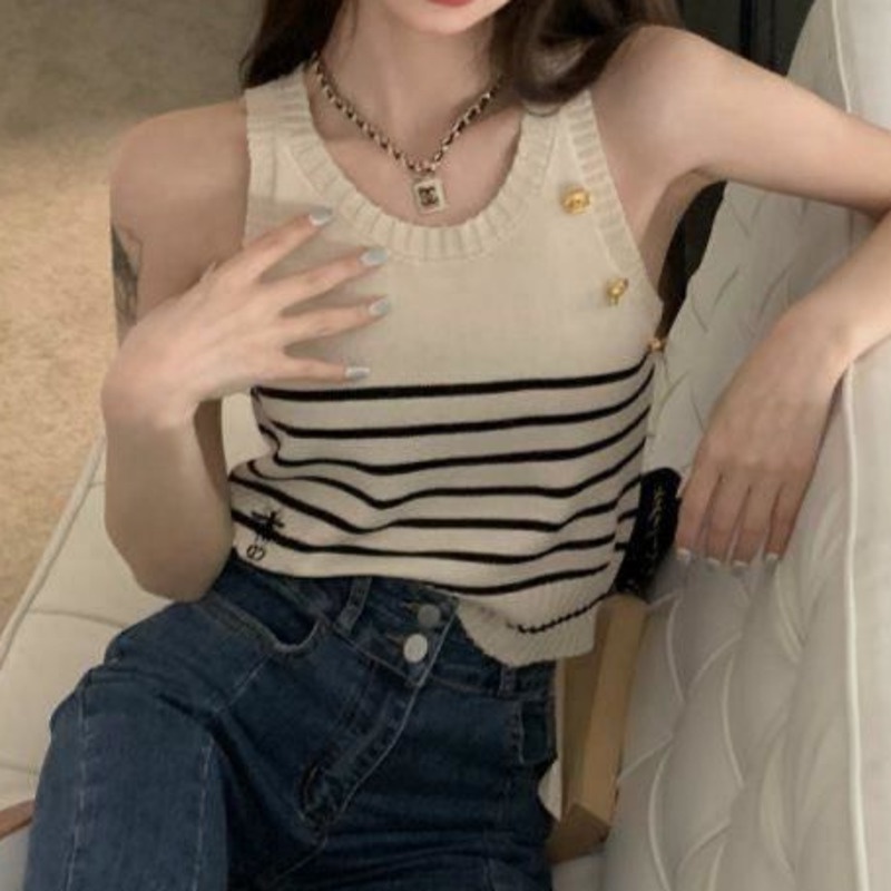 Áo len RENJIANVSHENG 182948 không tay kẻ sọc ngang phong cách retro ôm dáng thời trang cho nữ