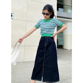 Chân váy denim midi màu xanh đậm lenclothing 8568