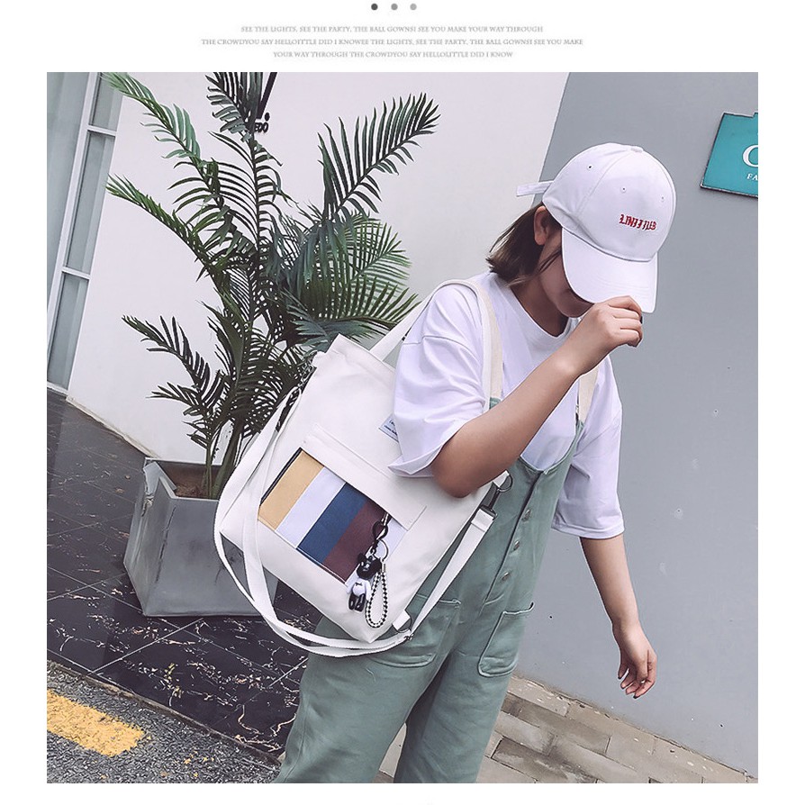 Túi vải bố canvas tote đeo chéo  đựng đồ quần áo đeo vai thời trang nhỏ giá rẻ kèm theo con gấu TVCC45