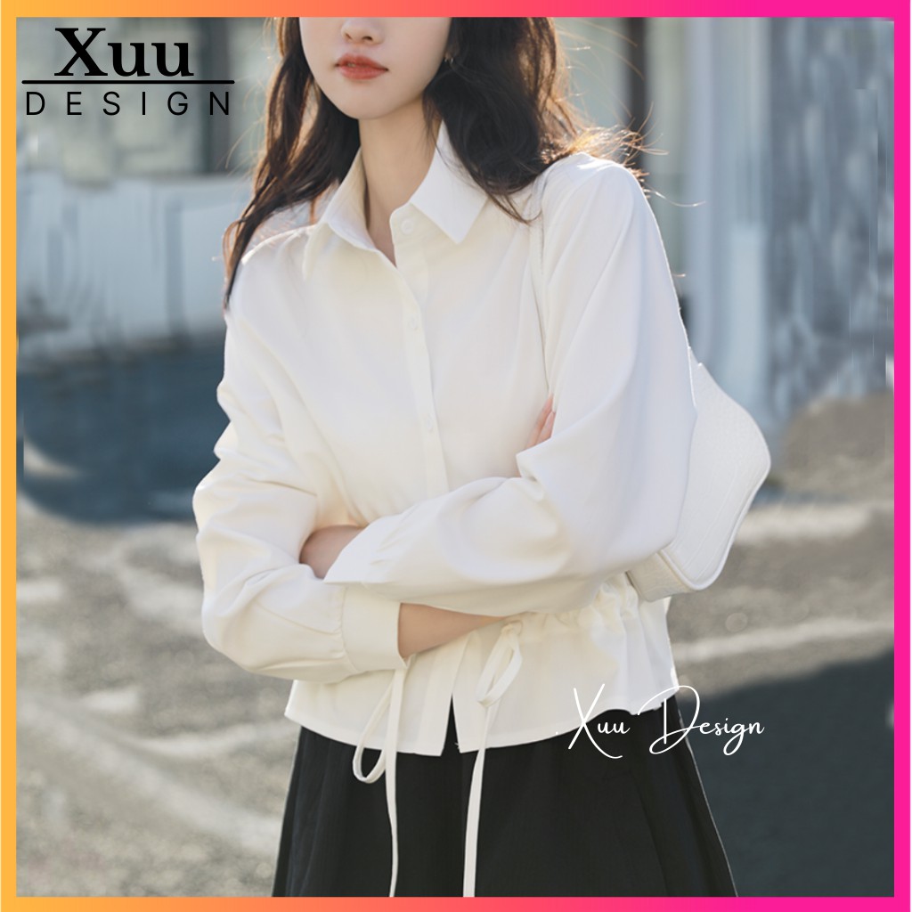 Áo sơ mi croptop Xuu Design, Áo kiểu thắt dây rút eo cá tính chất vải Tơ Ý mềm mại SM17