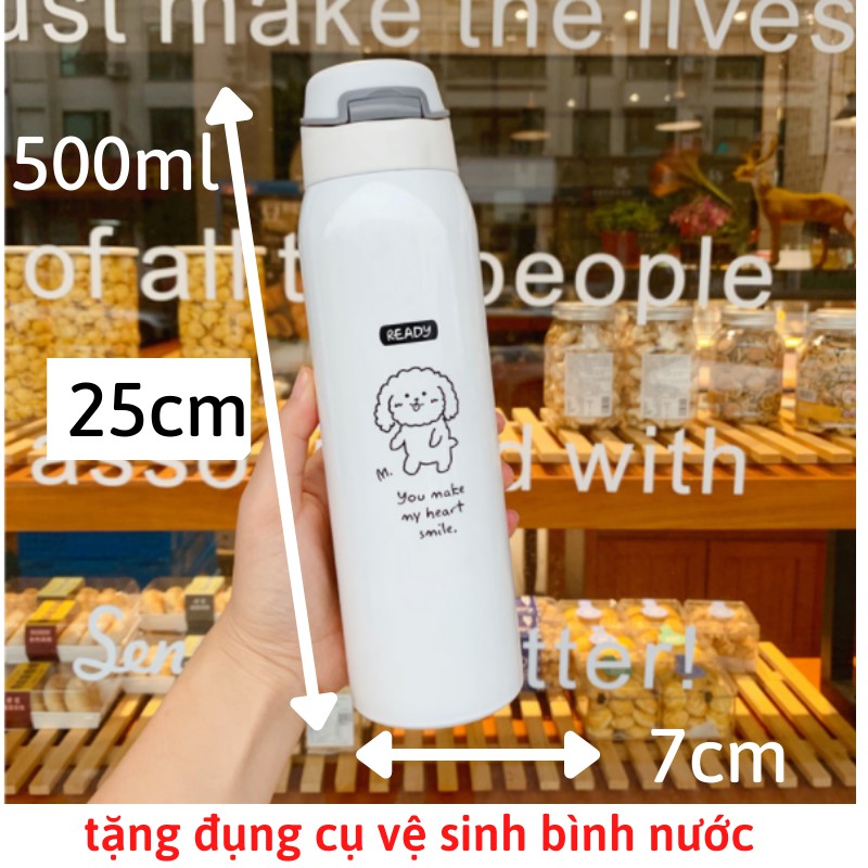 Bình giữ nhiệt 500ml Hình Gấu bình nước giữ nhiệt inox 304 có ống hút có dây