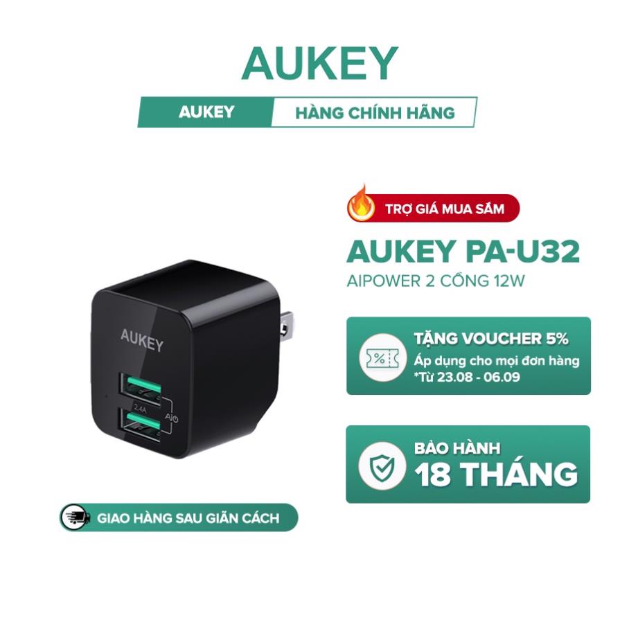 Sạc USB Aukey PA-U32 Đầu Ra 2.4A Công Nghệ AiPower Thông minh - Hàng Chính Hãng