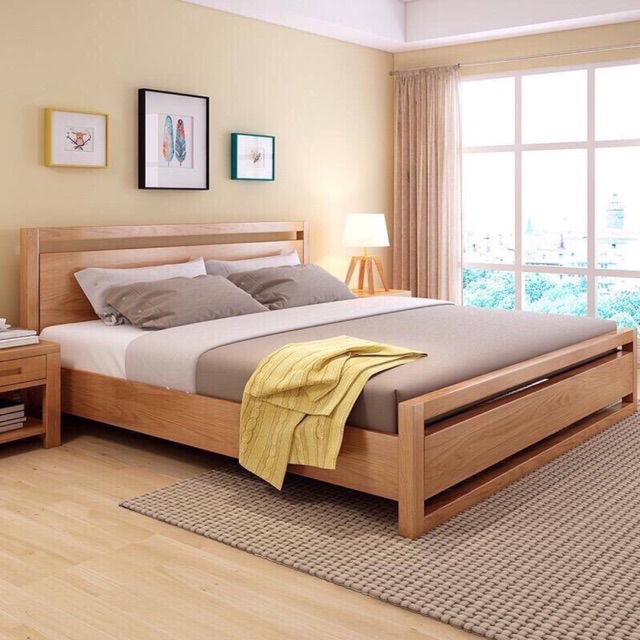 Giường ngủ gỗ sồi 2 tủ đầu giường