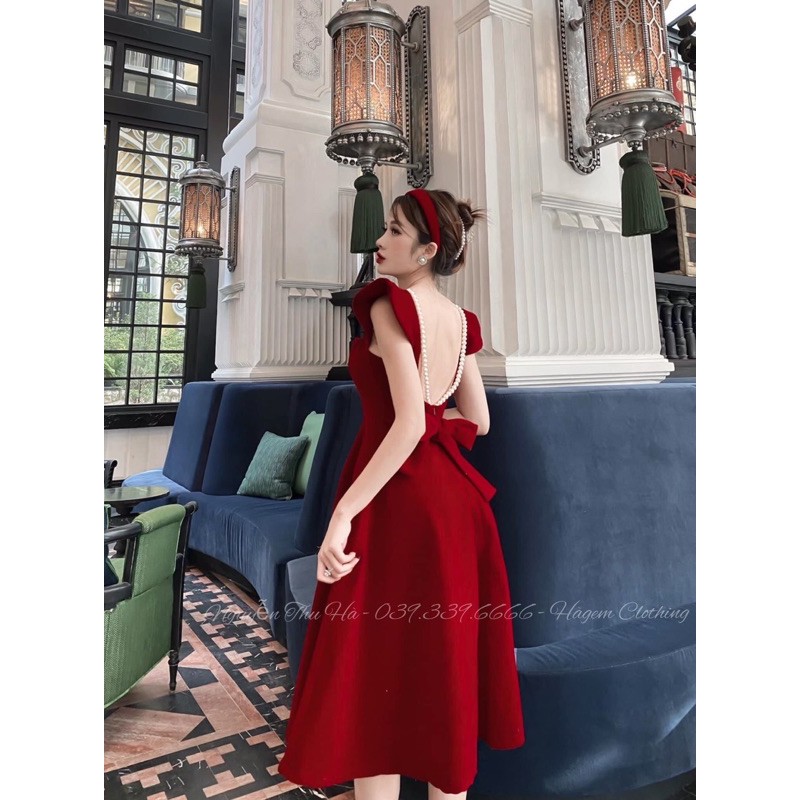 ĐẦM MIDI ĐỎ ĐEN HỞ LƯNG CHUỖI❤️