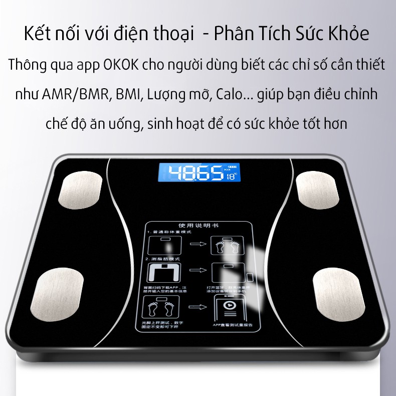 Cân Sức Khỏe Điện Tử Kết Nối Bluetooth Thông Minh Phân Tích Lượng Mỡ Cơ Thể Dùng Sạc Usb Trọng Lượng Tối Đa 180kg