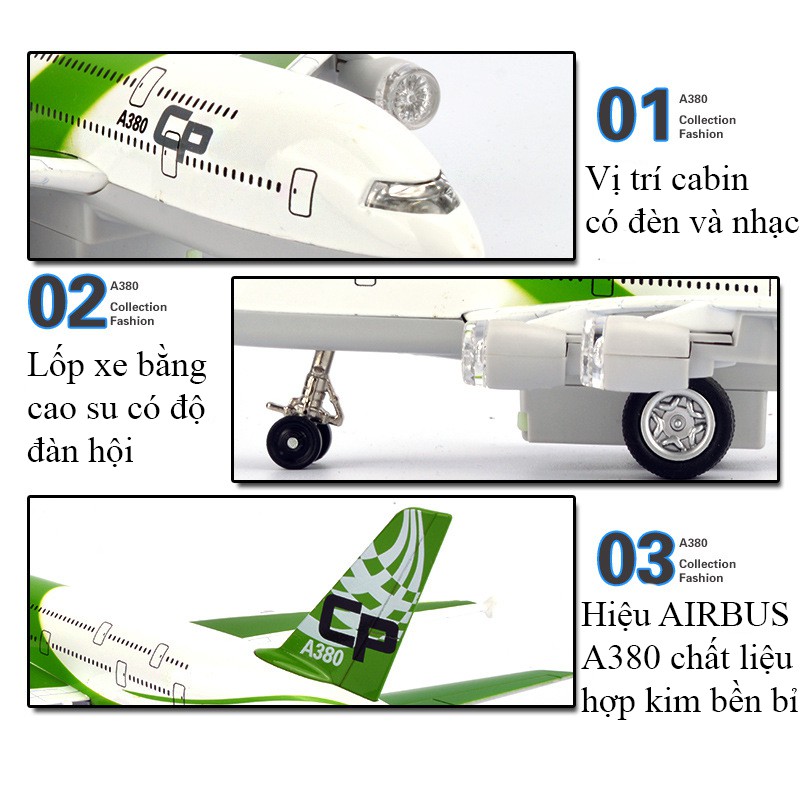 Đồ chơi mô hình máy bay AIRBUS A380 chất liệu hợp kim có nhạc và đèn đẹp, bền có thể trang trí