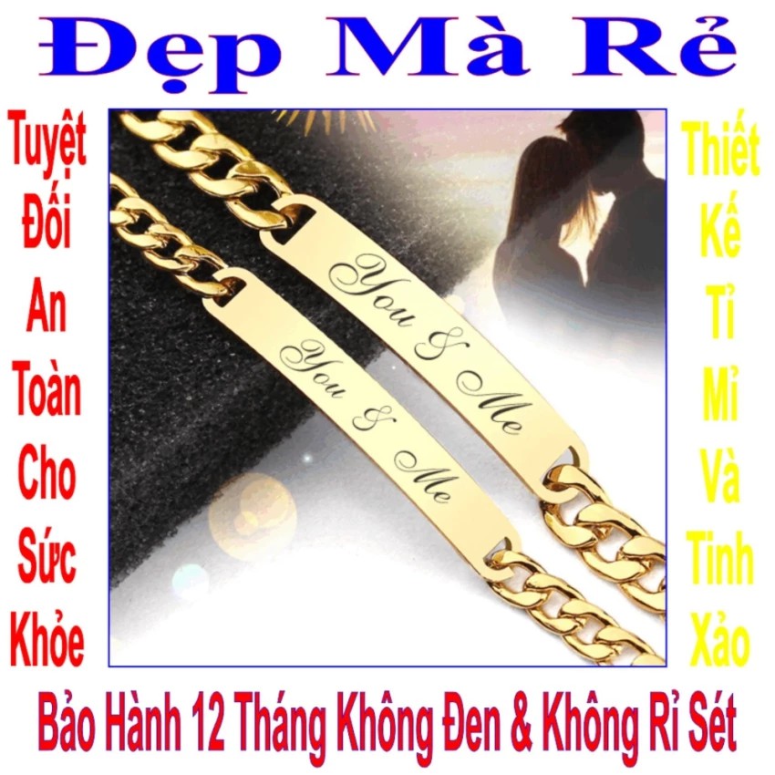 (Tặng 1 lắc đeo chân) Lắc tay cặp màu vàng khắc chữ You & Me - Giá bán như trên là 1 cặp = 2 lắc nam nữ như hình