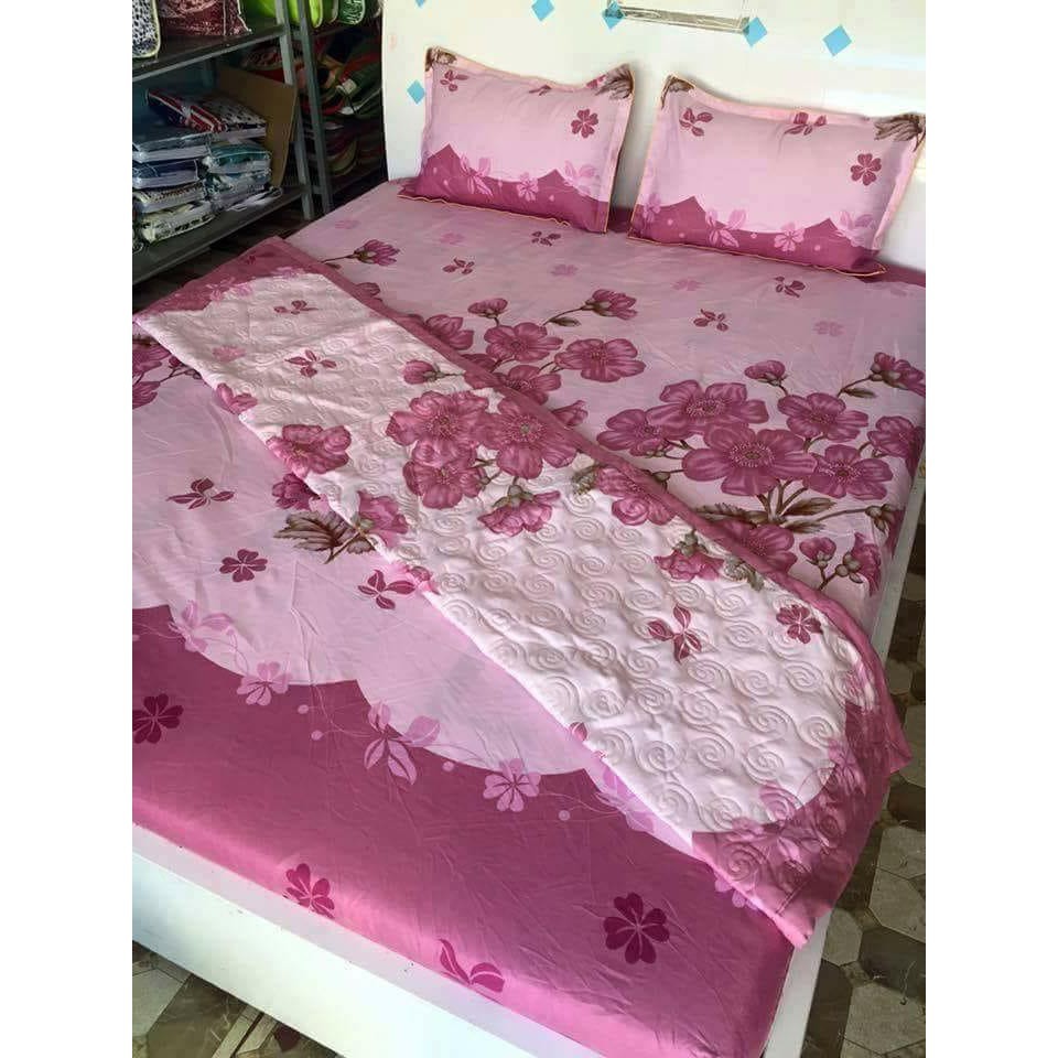 [Sales 50%] Chăn ga gối - drap giường cotton poly hoa đào bộ 5 món