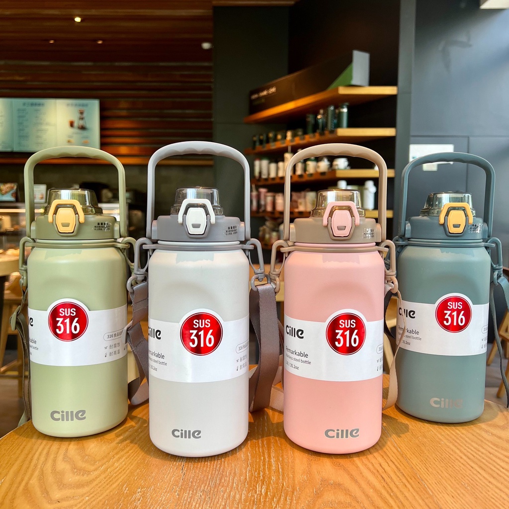 Bình Nước Giữ Nhiệt Cille 1000ml , Bình Nước Cao Cấp Có Ống Hút, Inox 316, Bình Nước Mang Đi Học