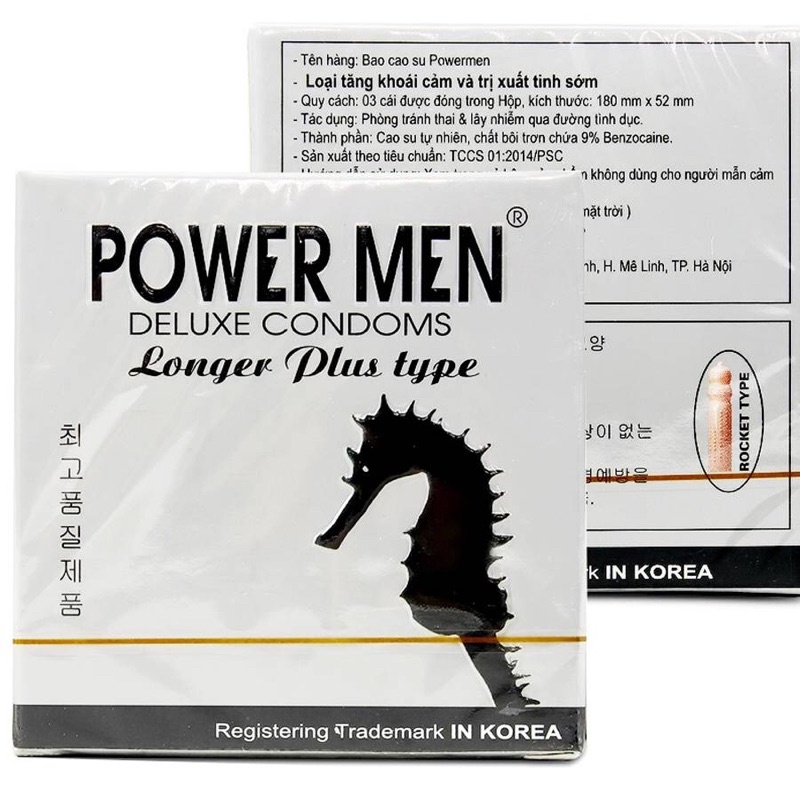 Bao cao su POWER MEN Longer Plus Type cá ngựa bạc hộp 3 cái