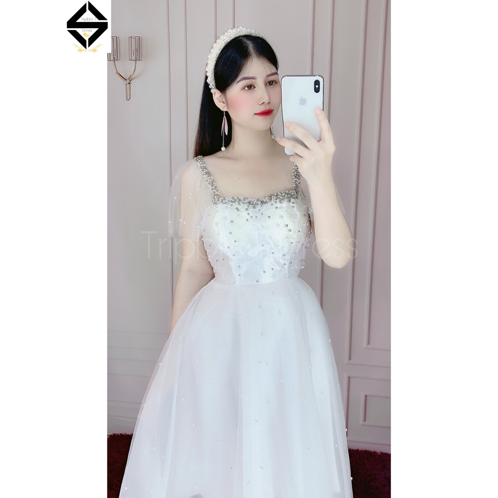 Đầm xoè dự tiệc xếp tầng tay dài TRIPBLE TDRESS - Free size dưới 54kg