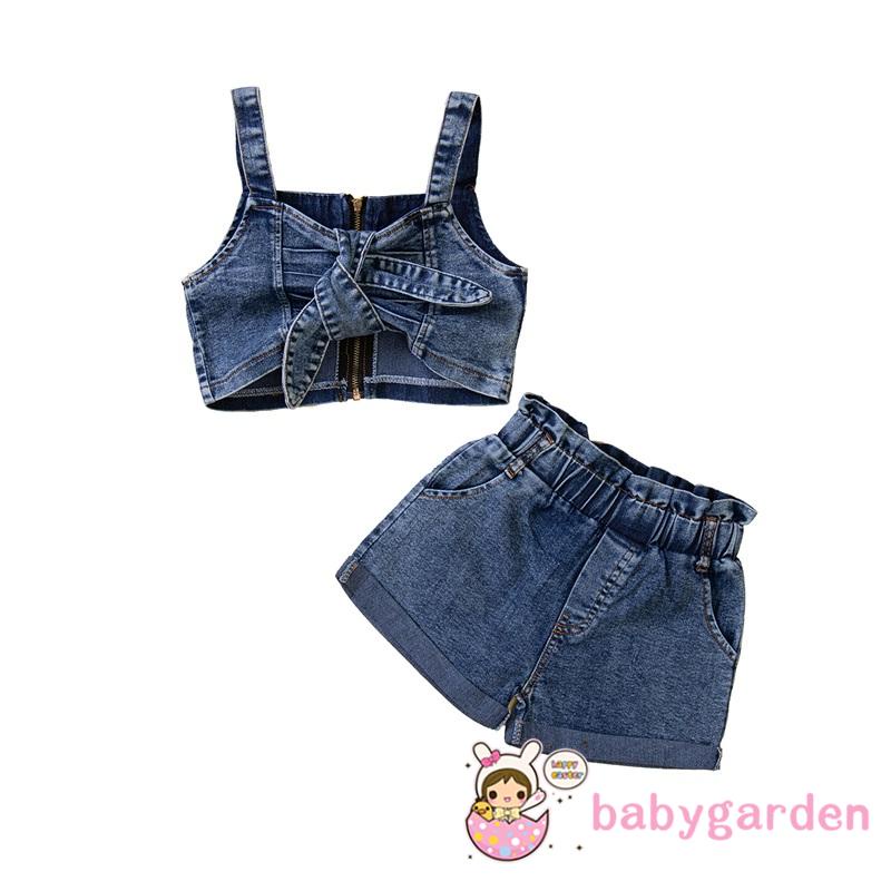 Bộ Áo Croptop Hai Dây Màu Trơn + Quần Short Denim Phối Dây Kéo Thời Trang Mùa Hè Cho Bé Gái 1-6 Tuổi