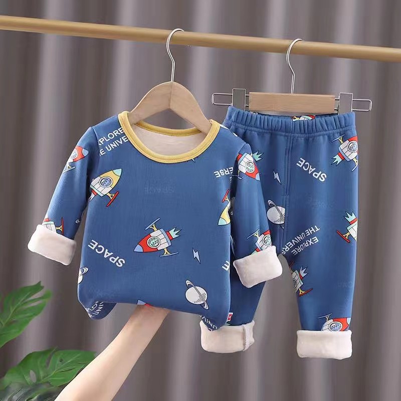 Bộ quần áo nỉ trẻ em thu đông mặc nhà lót lông vàng siêu ấm cho bé trai hàng Quảng Châu