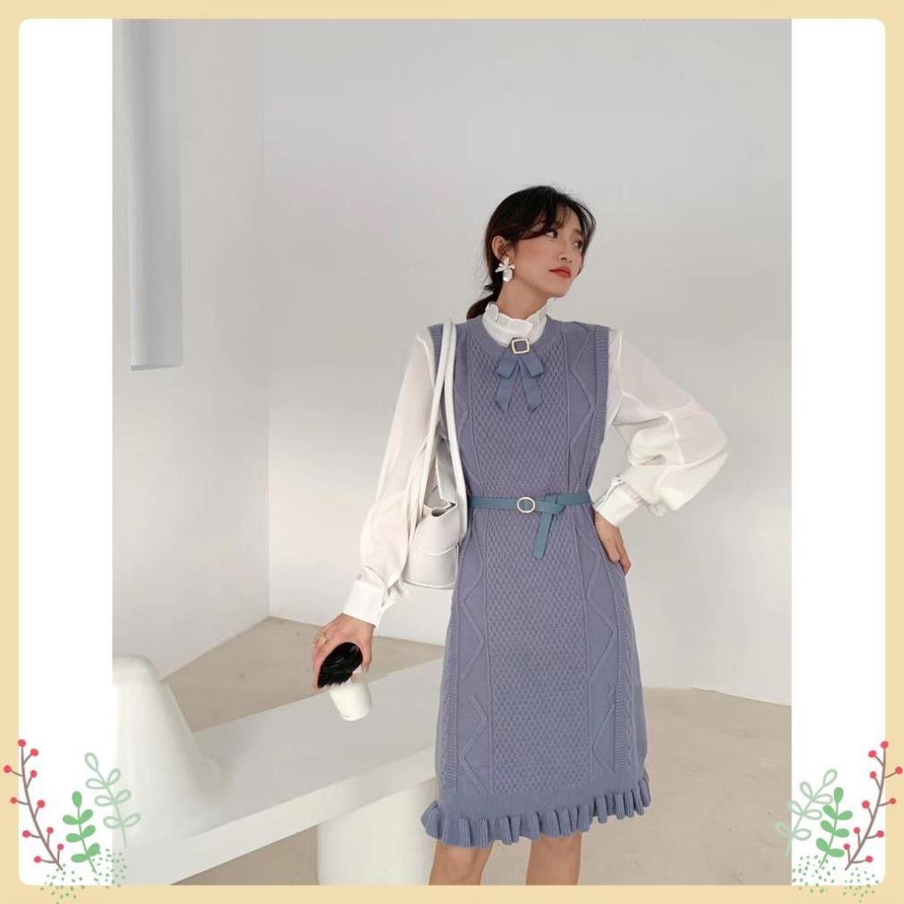 Đầm Len Lury, Set Váy Len Dáng Ôm Kết Hợp Sơ Mi Tặng Kèm Đai, Nơ Cài Váy, Hàng Quảng Châu Cao Cấp Siêu Hot