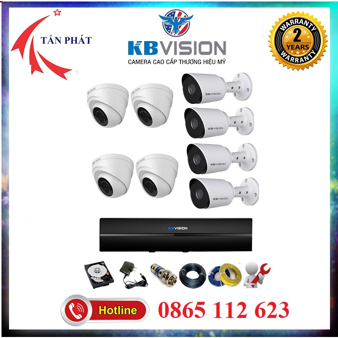 Trọn bộ 5 - 8 Camera + Đầu ghi KBVISION Full HD 1080P + 50m - 100m dây liền nguồn