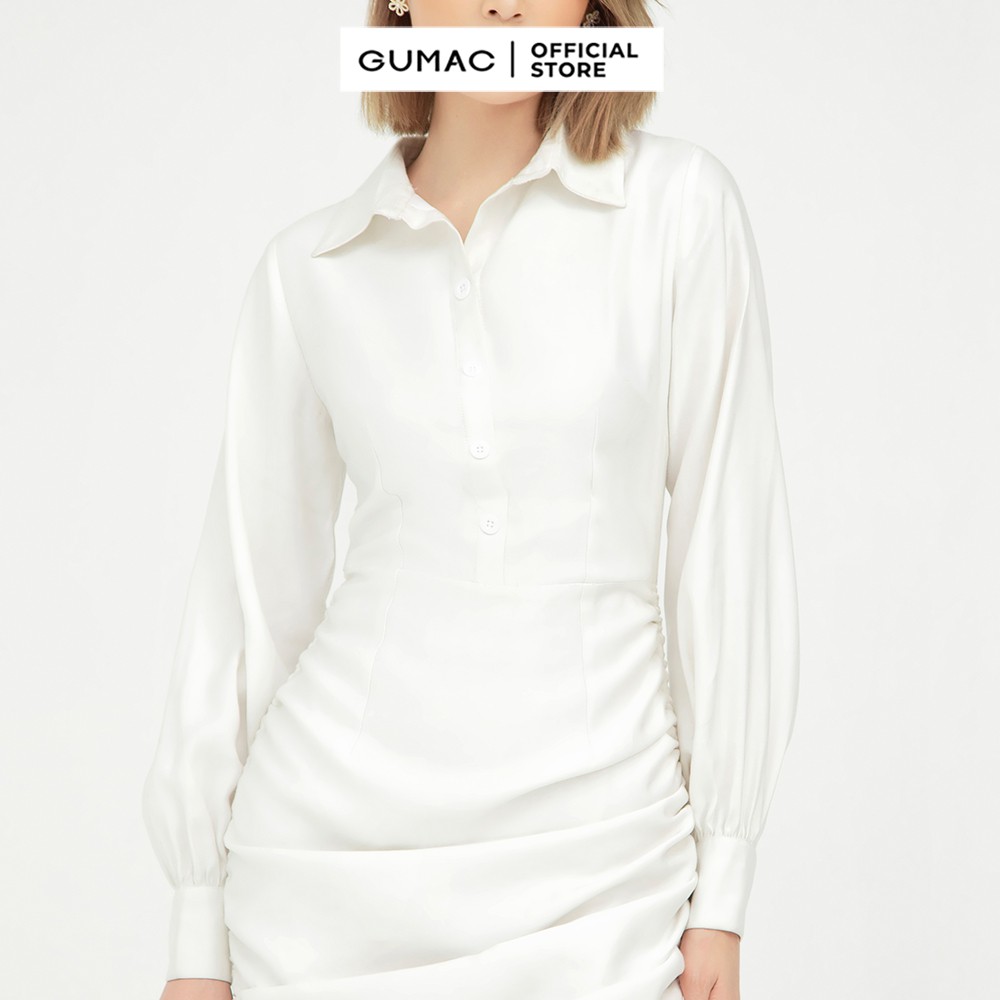 Đầm nữ sơ mi rút sườn GUMAC màu trắng dáng ôm quyến rũ DB5125 | BigBuy360 - bigbuy360.vn