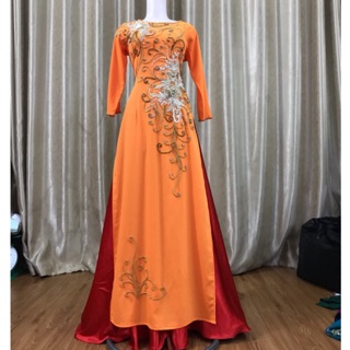 Áo dài cam💥XẢ KHO💥 áo đính kết ren xinh,sang chảnh cho các mẹ
