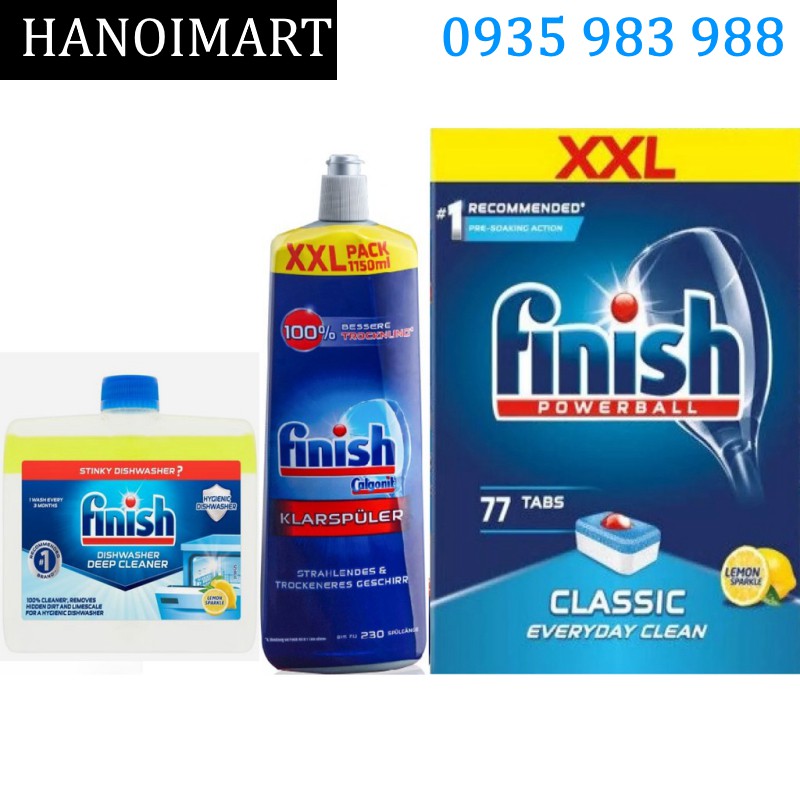 Combo Viên rửa bát Finish Classic 90 viên + 750ml Nước làm bóng bát Finish + muối rửa ly finish mềm nước 1.2kg