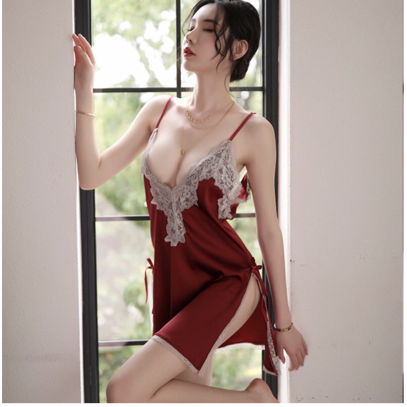 Đầm ngủ lụa phối ren vạt xẻ, váy ngủ sexy, gợi cảm, 2 dây, quyến rũ, dễ thương, giá rẻ màu đỏ, trắng, đen