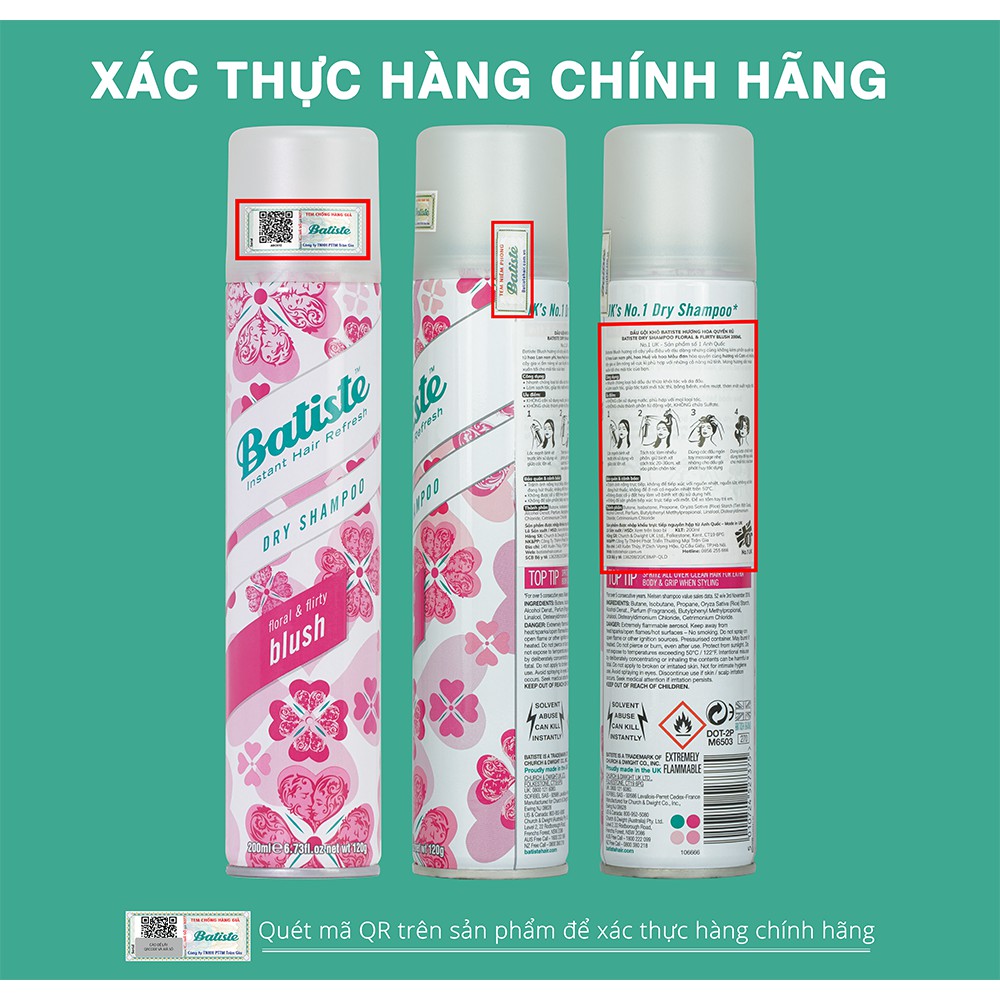 [10 MÙI HƯƠNG] Dầu Gội Khô Batiste Dry Shampoo 200ml Hết Ngứa, Hết Bết Dính Tóc Bồng Bềnh Tức Thì