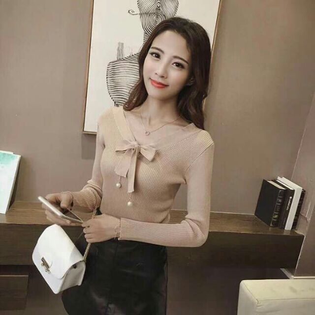 Áo len nơ ngọc cao câpơ
