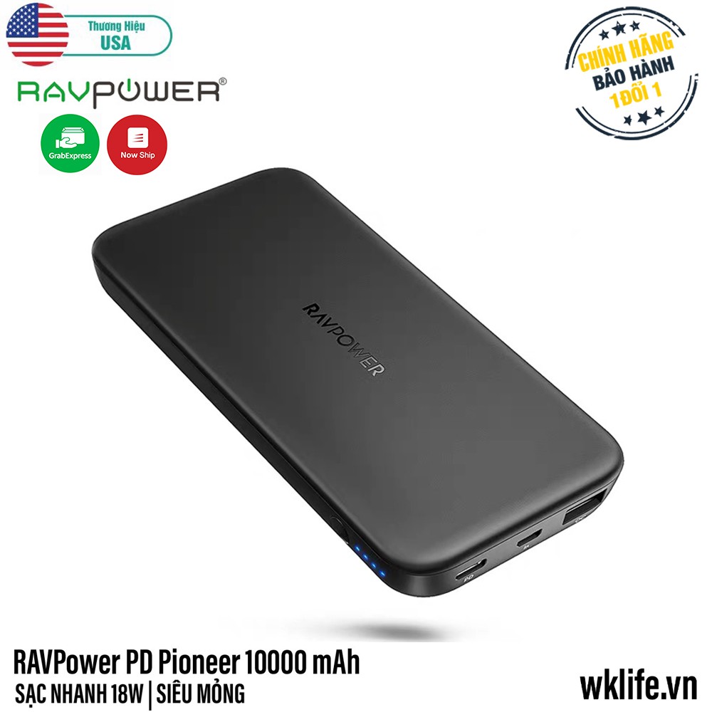 Pin Sạc Dự Phòng RAVPower PD Pioneer 10000 mAh 18W 2 Cổng Sạc Nhanh Siêu Mỏng