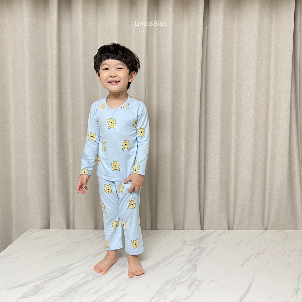 Bộ gấu Pooh dài tay nội địa Hàn Quốc Lime & Blue