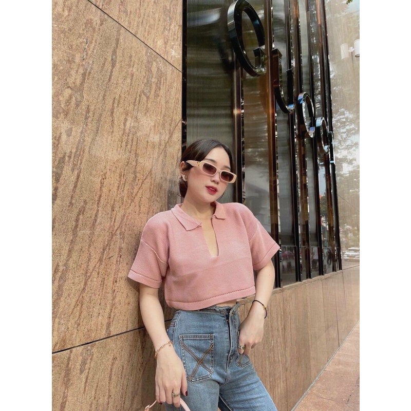 [ Hàng Cao Cấp ] Áo croptop polo nữ ngắn tay cổ V bẻ khoét điệu đà FUHO Fashion thời trang Hàn Quốc mặc đi chơi 058