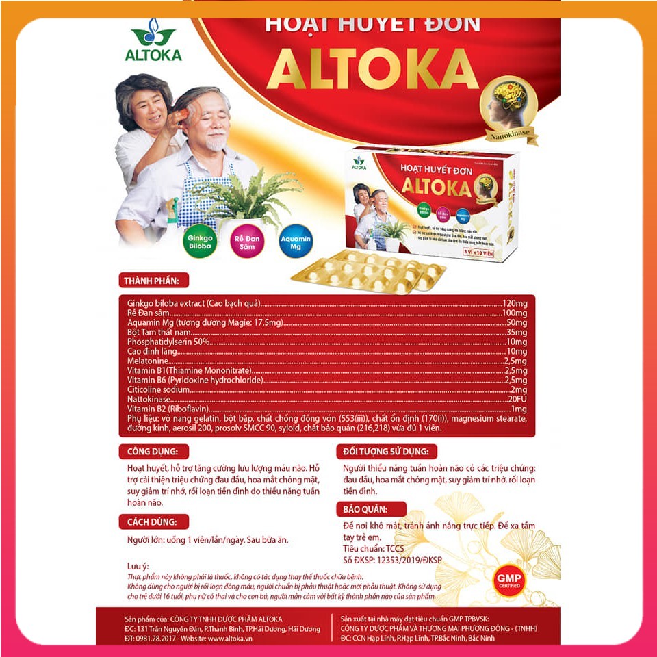 Hoạt huyết đơn Altoka – Giúp tăng lưu lượng máu não, ngừa suy giảm trí nhớ, rối loạn tiền đình, hoa mắt chóng mặt