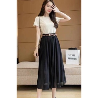 chân váy xếp ly  dài qua gối cạp chun