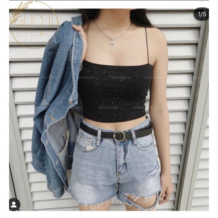 Sản phẩm Áo Croptop Nữ Ôm Phong Cách Rộng Dễ chịu Chuẩn Hàn Quốc | Áo Croptop 2 Dây Kim Tuyến CT06 | Guchistore