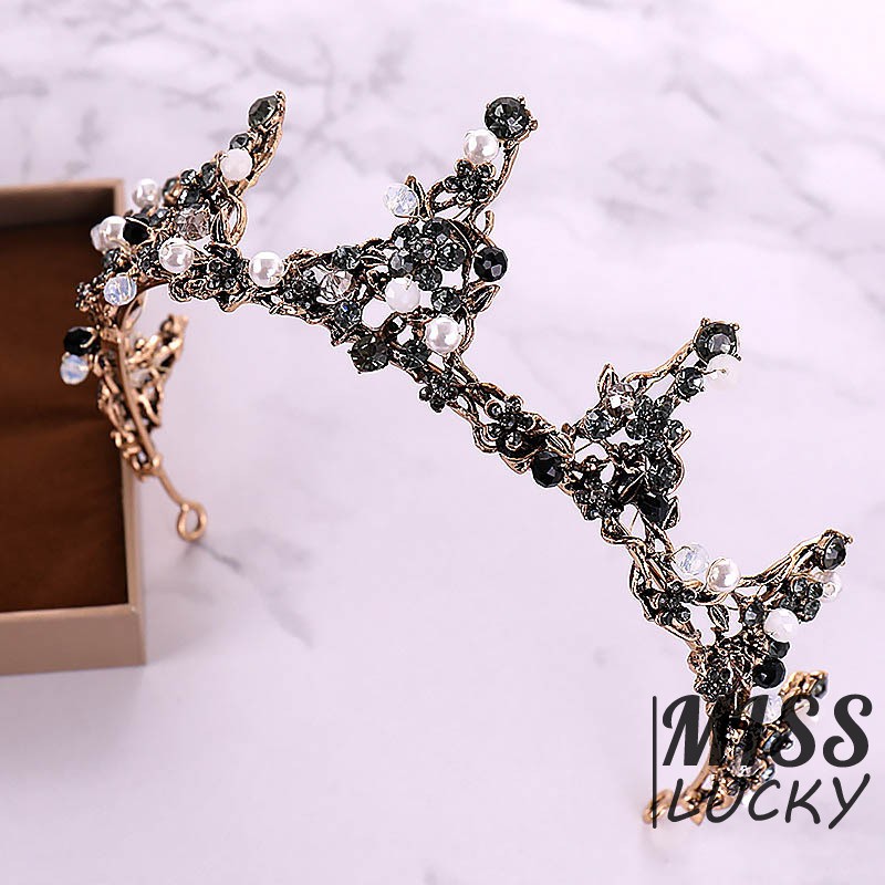 Vương miện công chúa đính pha lê đen kiểu Baroque cho nữ