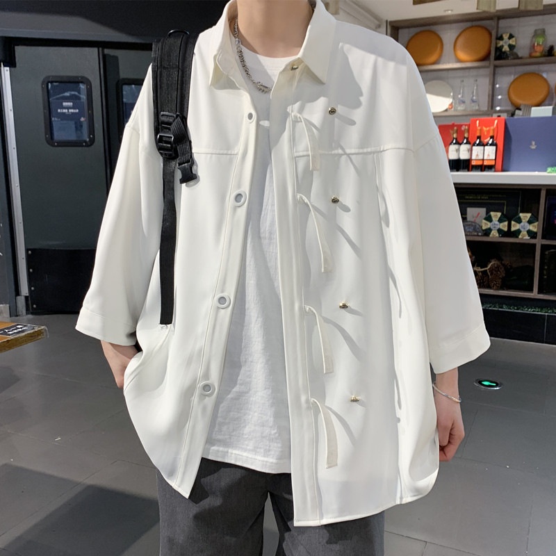 Giảm Giá Áo Sơ Mi Nam Cài Nút Tay Áo Ba Lỗ Dáng Rộng Màu Xanh Dương Phong Cách Hồng Kông Nhật Bản Thời Trang Mùa Xuân Hè