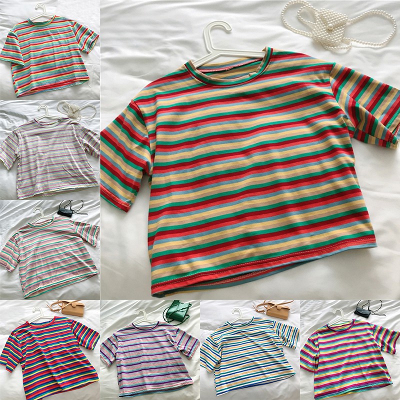 Áo Thun Lửng Tay Ngắn Kẻ Sọc Cầu Vồng Thời Trang Cho Nữ