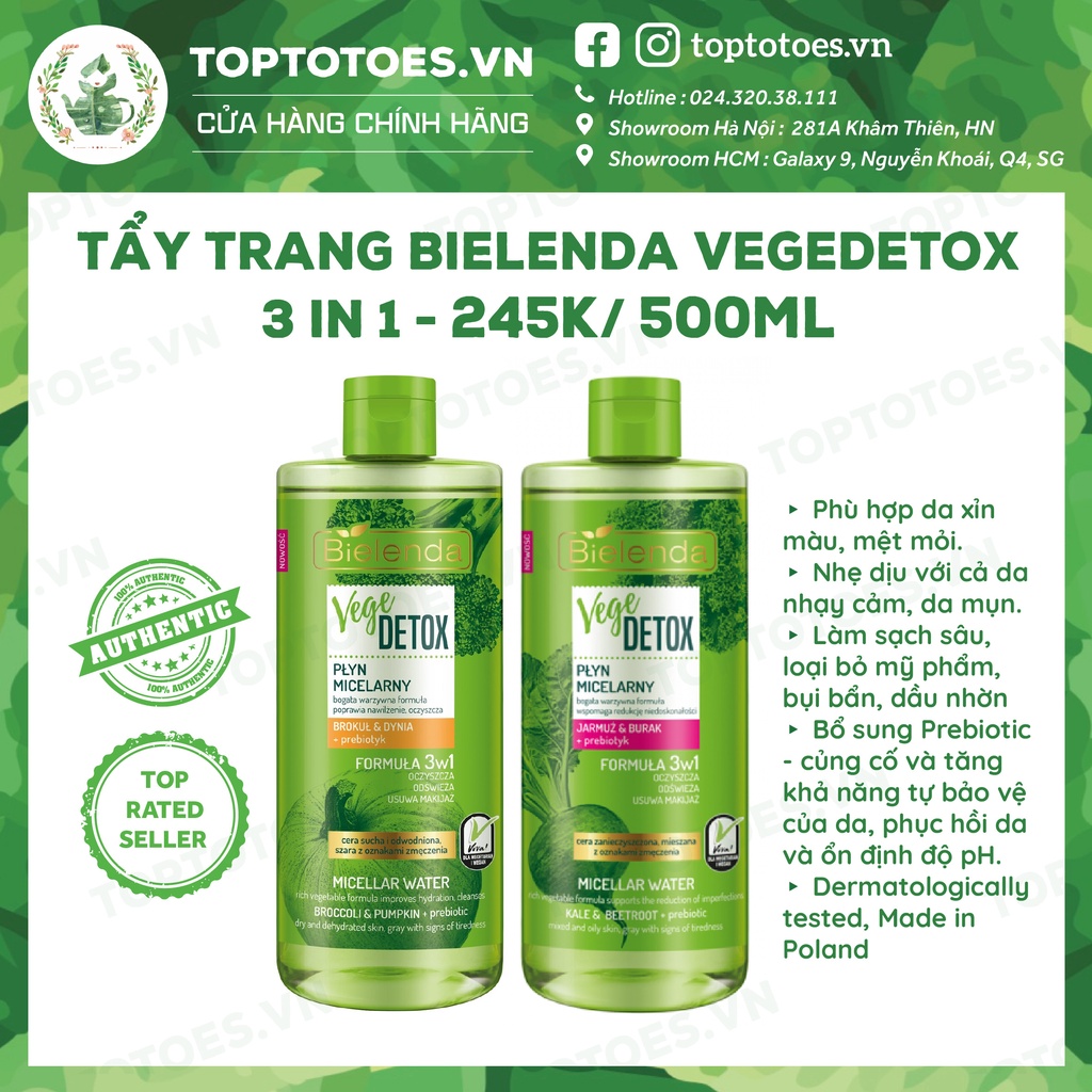 Nước tẩy trang Bielenda Vegedetox 3 in 1 tẩy sạch êm ái, giữ ẩm cho da