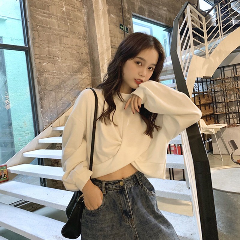 ÁO CROPTOP NỈ XOẮN EO KIỂU DÁNG ÁO CROPTOP DÀI TAY XÁM ĐEN TRẮNG - ÁO CROPTOP RỘNG BASIC HOT HIT