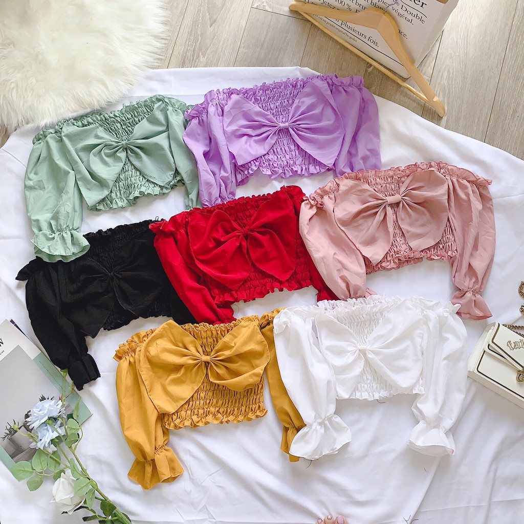 Áo kiểu trễ vai nhúm phối nơ to trước ngực cực xinh , chất kate mềm mịn