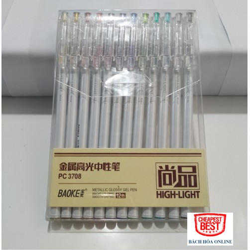 Bút Gel Highlight Nhiều Màu Nhũ Bóng Baoke PC3708 12 Màu