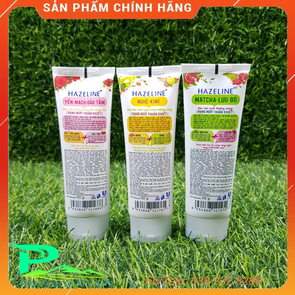 Sữa rửa mặt Hazeline 50g, Hazeline Matcha Lựu Đỏ, Nghệ Kiwi, Yến Mạch Dâu Tằm - Dưỡng Sáng, Ngừa mụn, Dưỡng ẩm