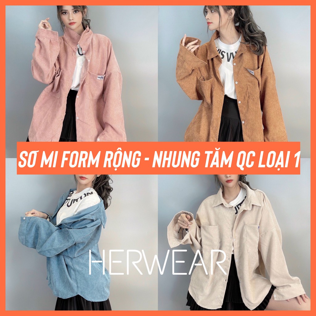 Áo Sơ Mi Nữ Form Rộng dài tay, Áo Sơ Mi Nữ Cổ Bẻ Chất Nhung Tăm Quảng Châu